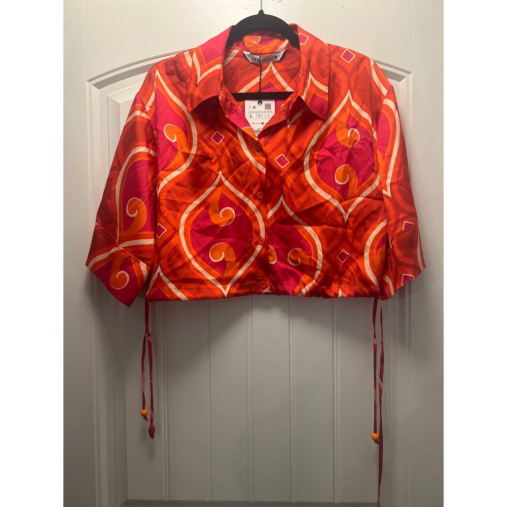 NWT Zara Women’s Geometric Cropped Shirt Short Sleeve Collared Top Size L Orange